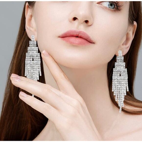 Rhinestone Drop Earrings Sterling Silver Post - Picture 1 of 1